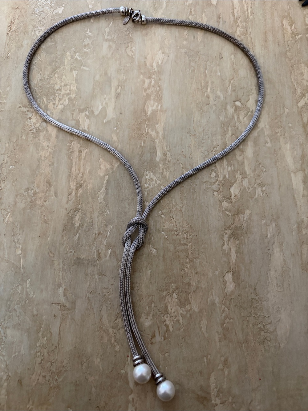 Lariat Rope Necklace with Pearl Drops - Silver Tone